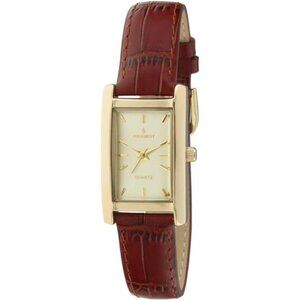 Women's Classic 14Kt Gold Plated Watch, Rectangular Tank Shape Case with Leather
